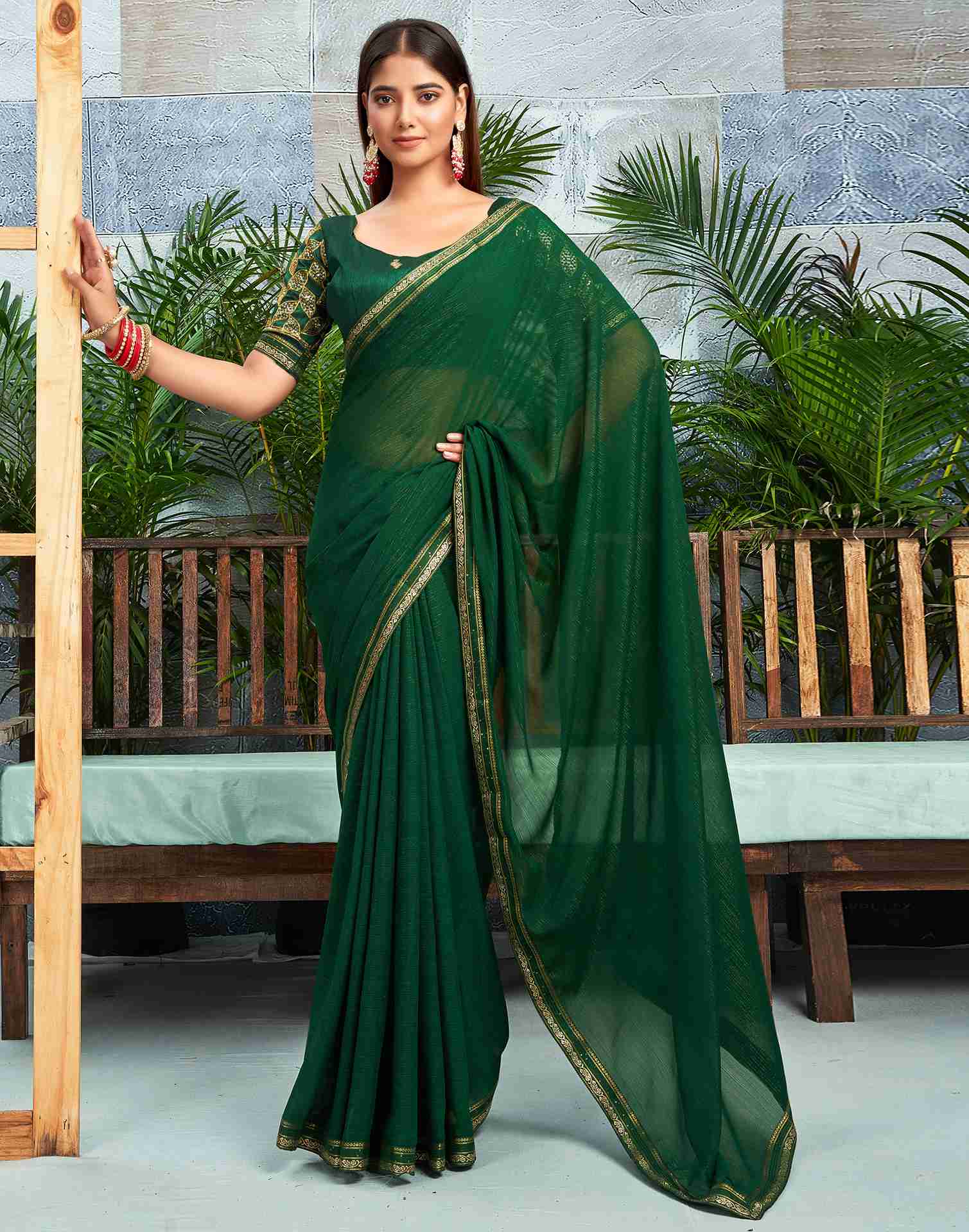 Dark Green Chiffon Zari Stripe Plain Saree