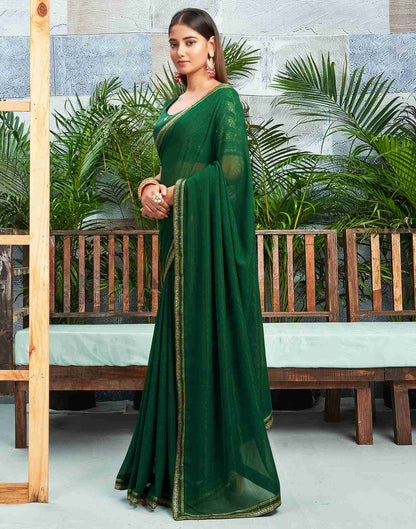 Dark Green Chiffon Zari Stripe Plain Saree