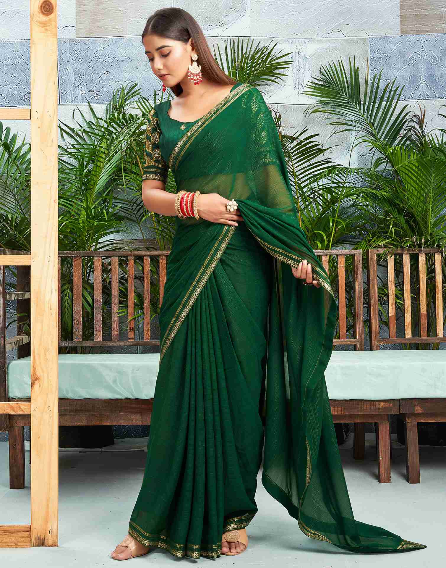 Dark Green Chiffon Zari Stripe Plain Saree