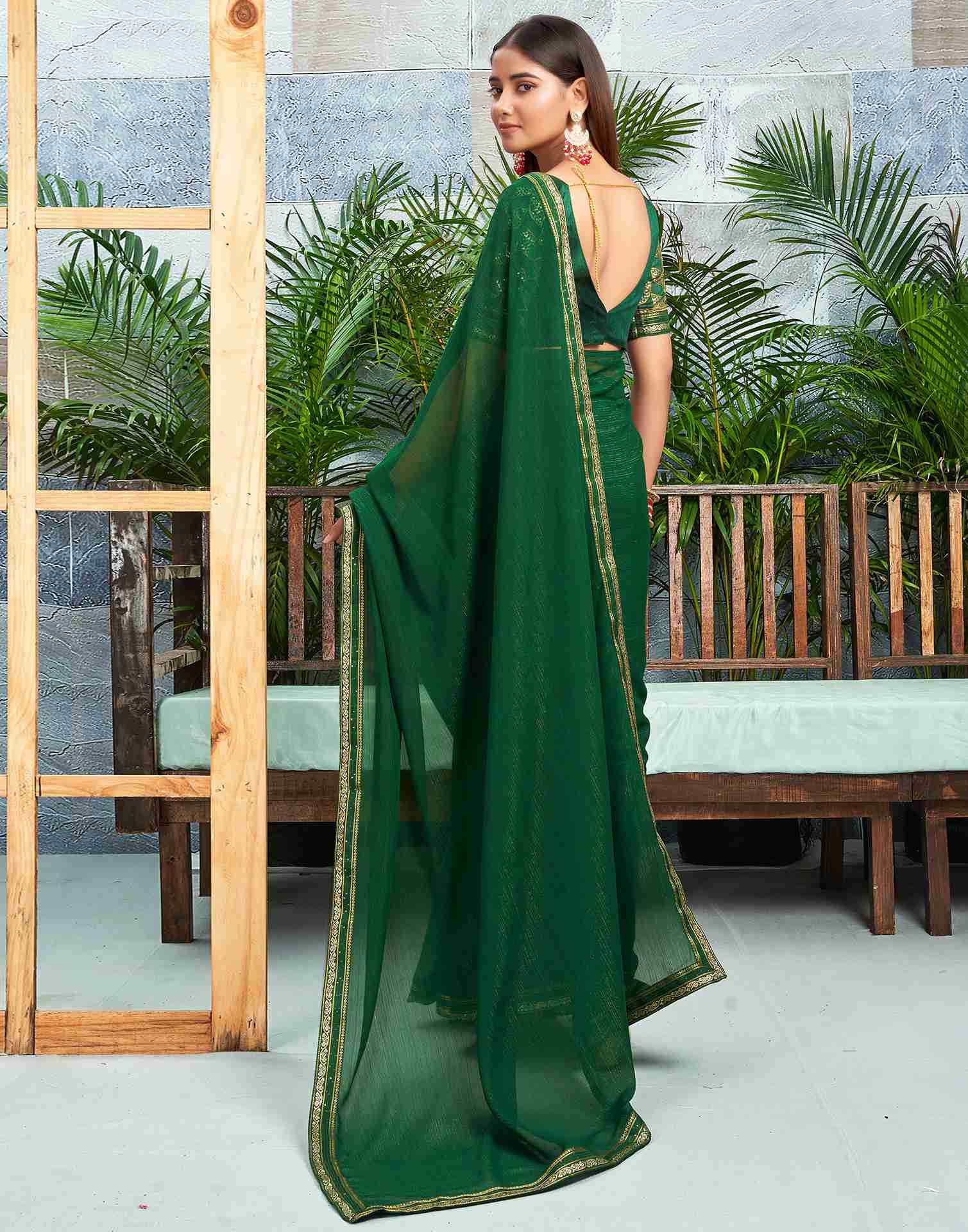 Dark Green Chiffon Zari Stripe Plain Saree