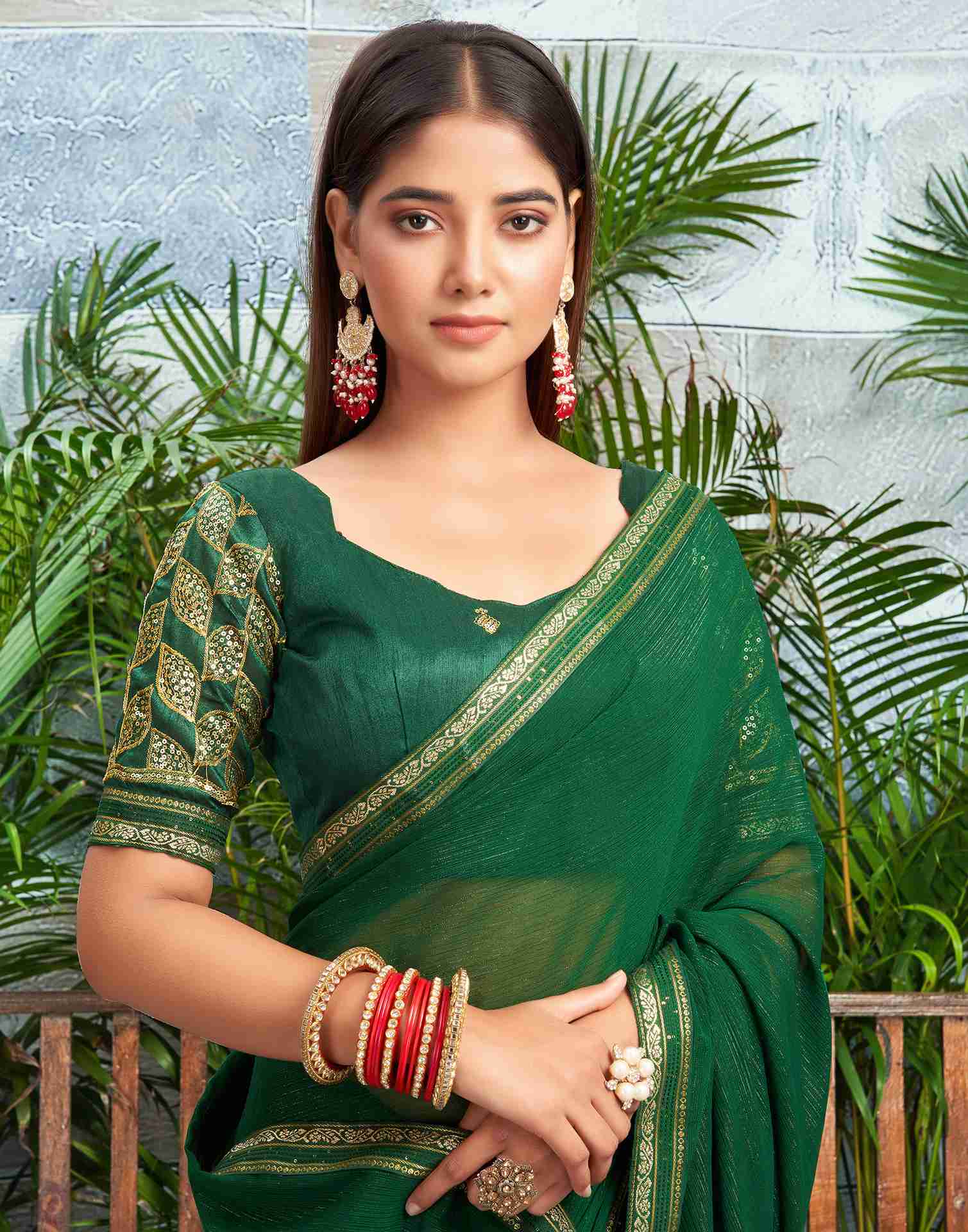 Dark Green Chiffon Zari Stripe Plain Saree