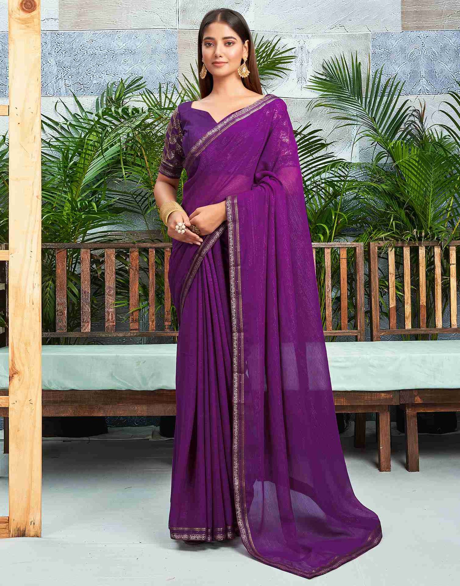 Dark Purple Chiffon Zari Stripe Plain Saree