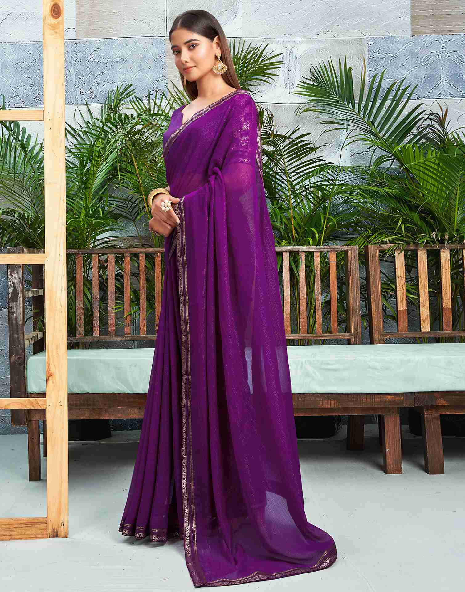 Dark Purple Chiffon Zari Stripe Plain Saree