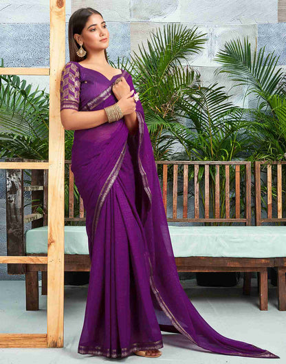 Dark Purple Chiffon Zari Stripe Plain Saree