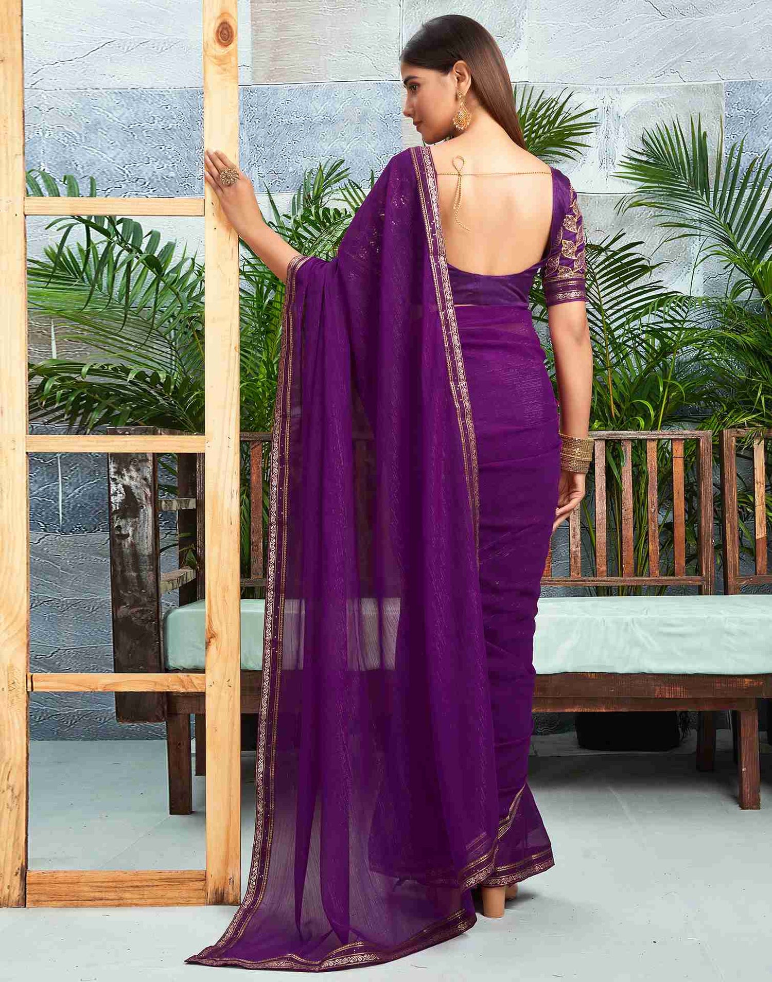 Dark Purple Chiffon Zari Stripe Plain Saree