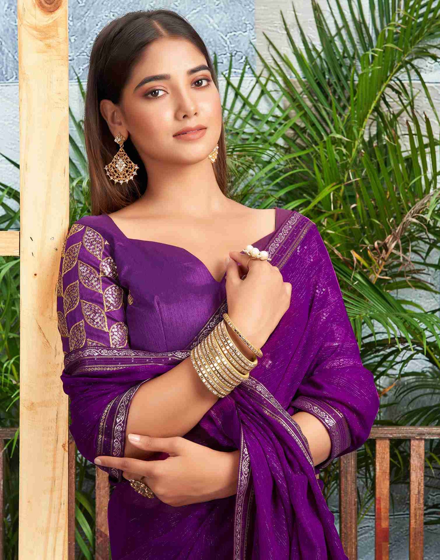 Dark Purple Chiffon Zari Stripe Plain Saree