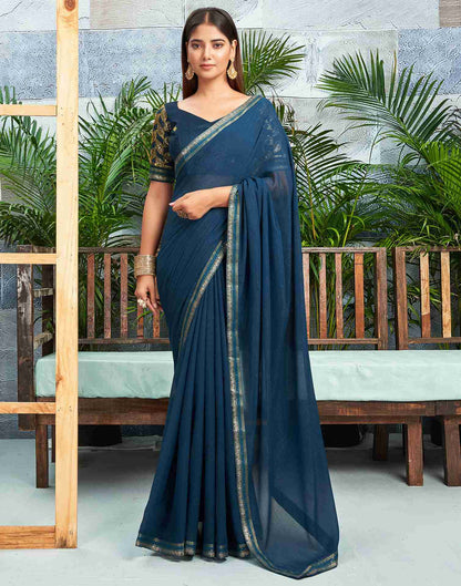 Rama Blue Chiffon Zari Stripe Plain Saree