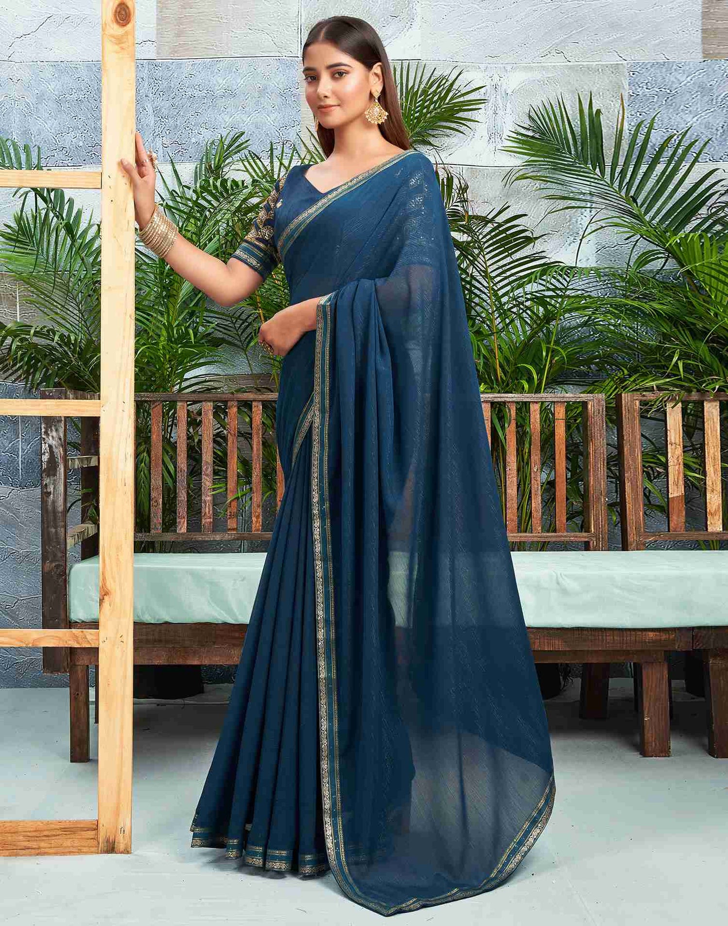 Rama Blue Chiffon Zari Stripe Plain Saree