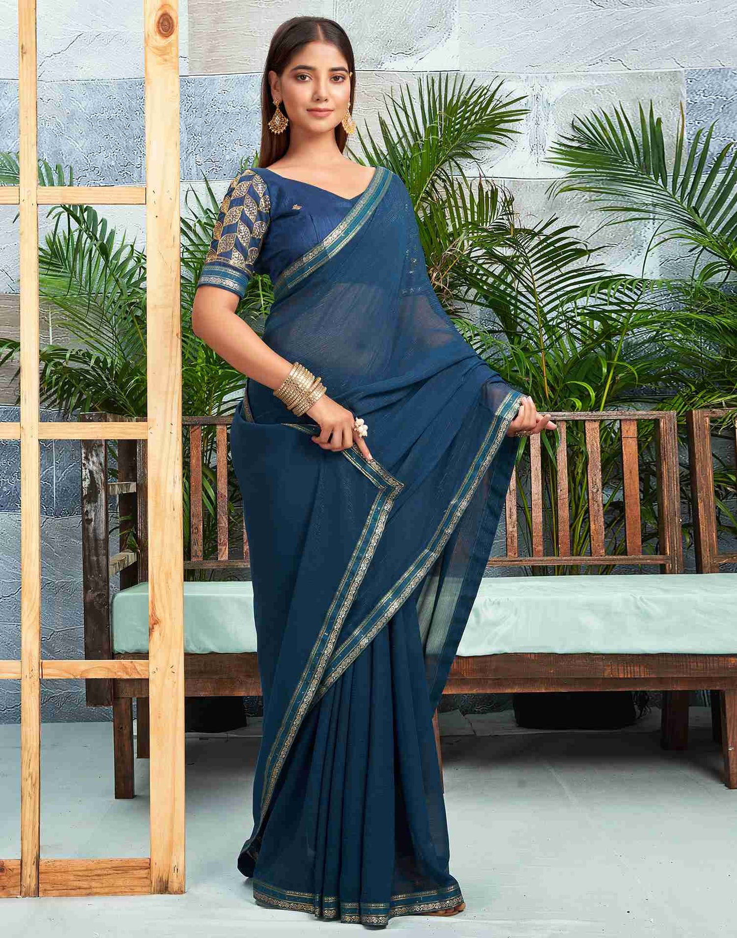 Rama Blue Chiffon Zari Stripe Plain Saree