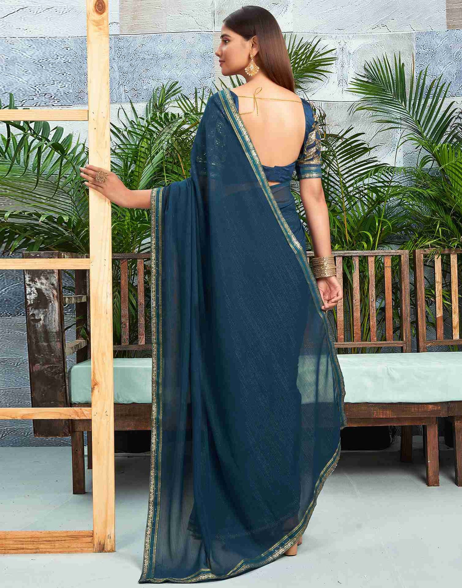 Rama Blue Chiffon Zari Stripe Plain Saree