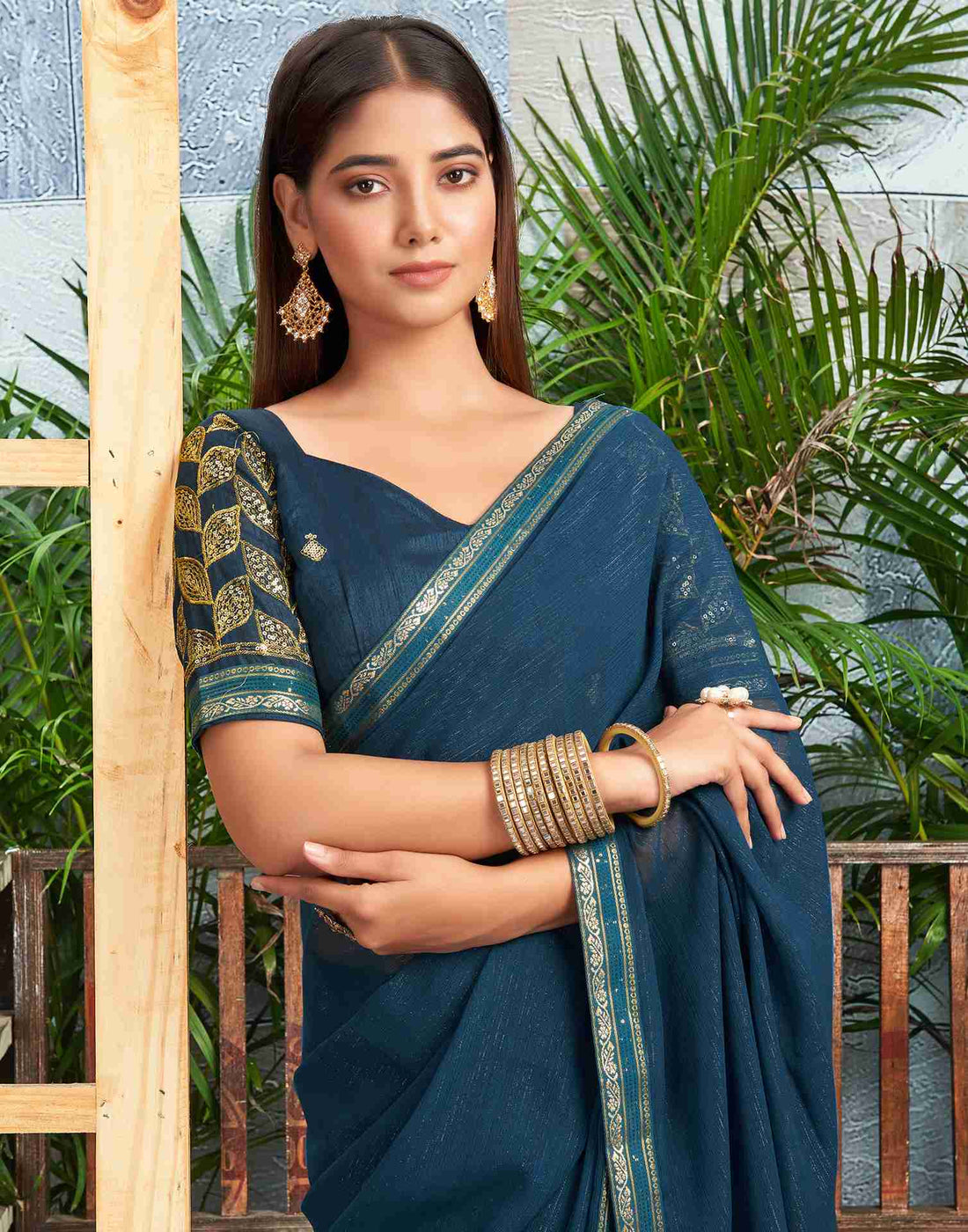 Rama Blue Chiffon Zari Stripe Plain Saree