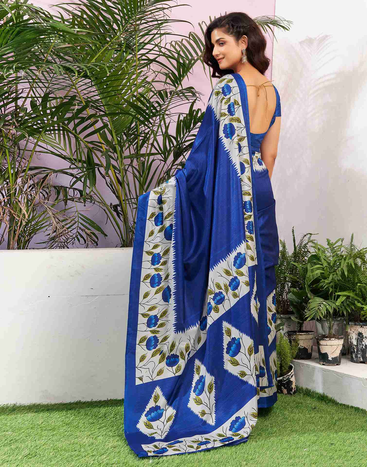 Dark Blue Silk Printed Saree