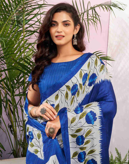 Dark Blue Silk Printed Saree