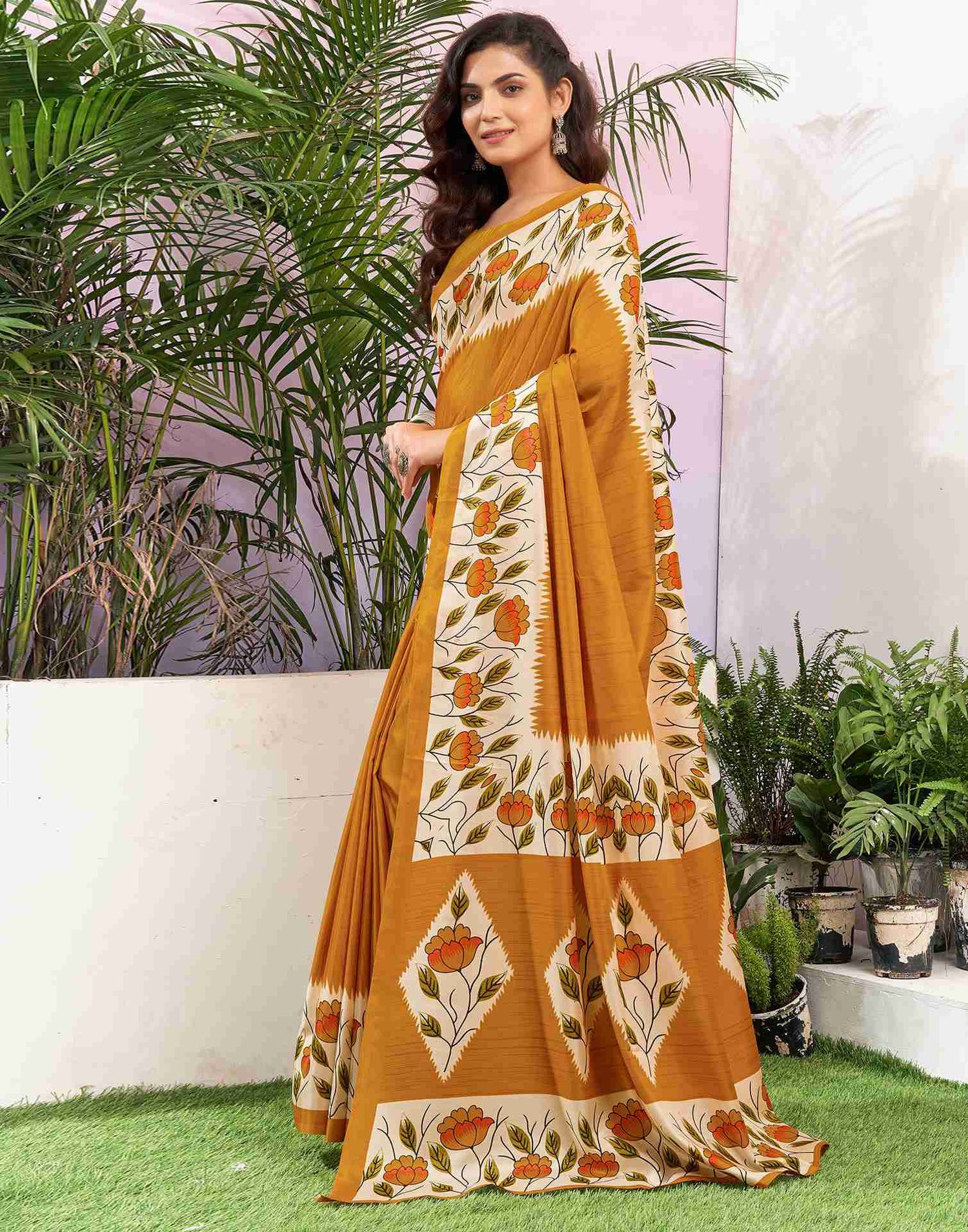 Turmeric Yellow Silk Printed Saree