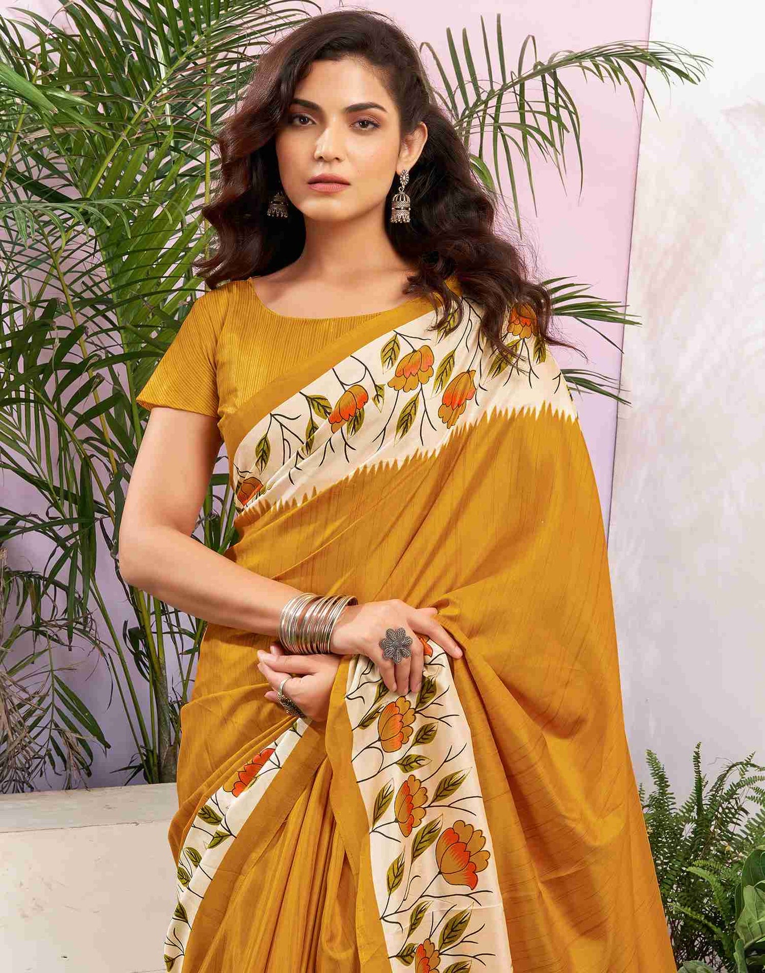 Turmeric Yellow Silk Printed Saree