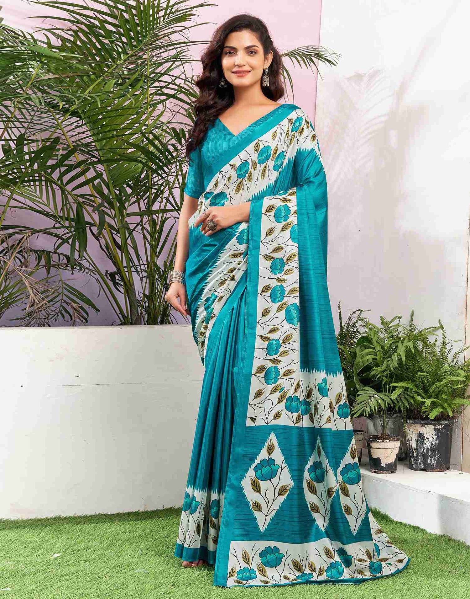 Teal Blue Silk Printed Saree