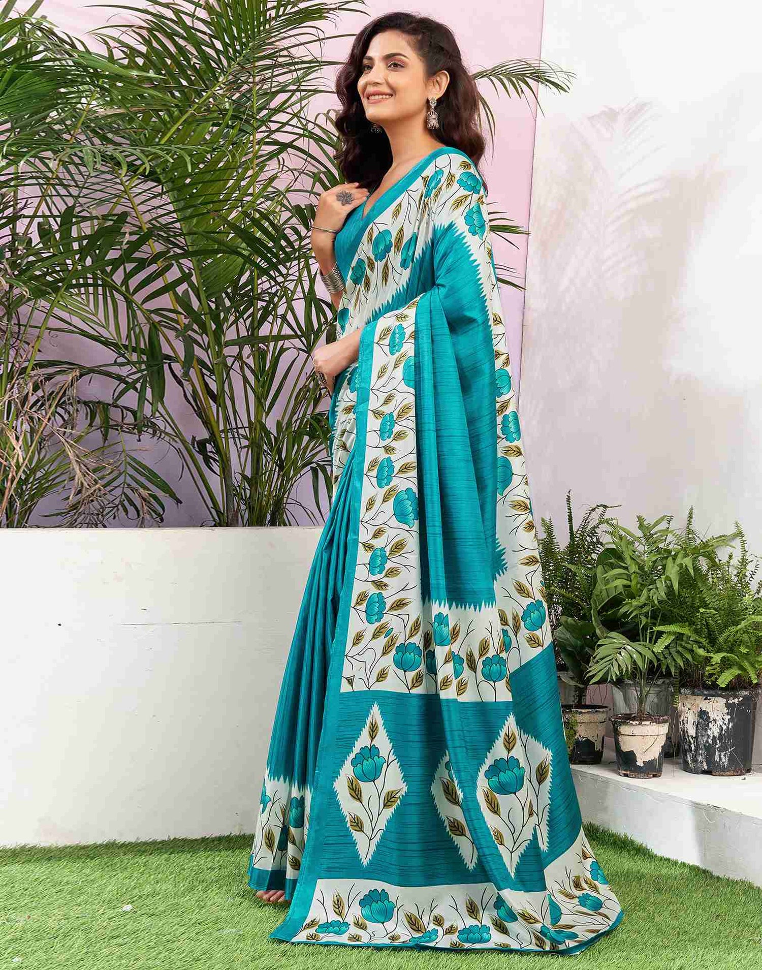 Teal Blue Silk Printed Saree