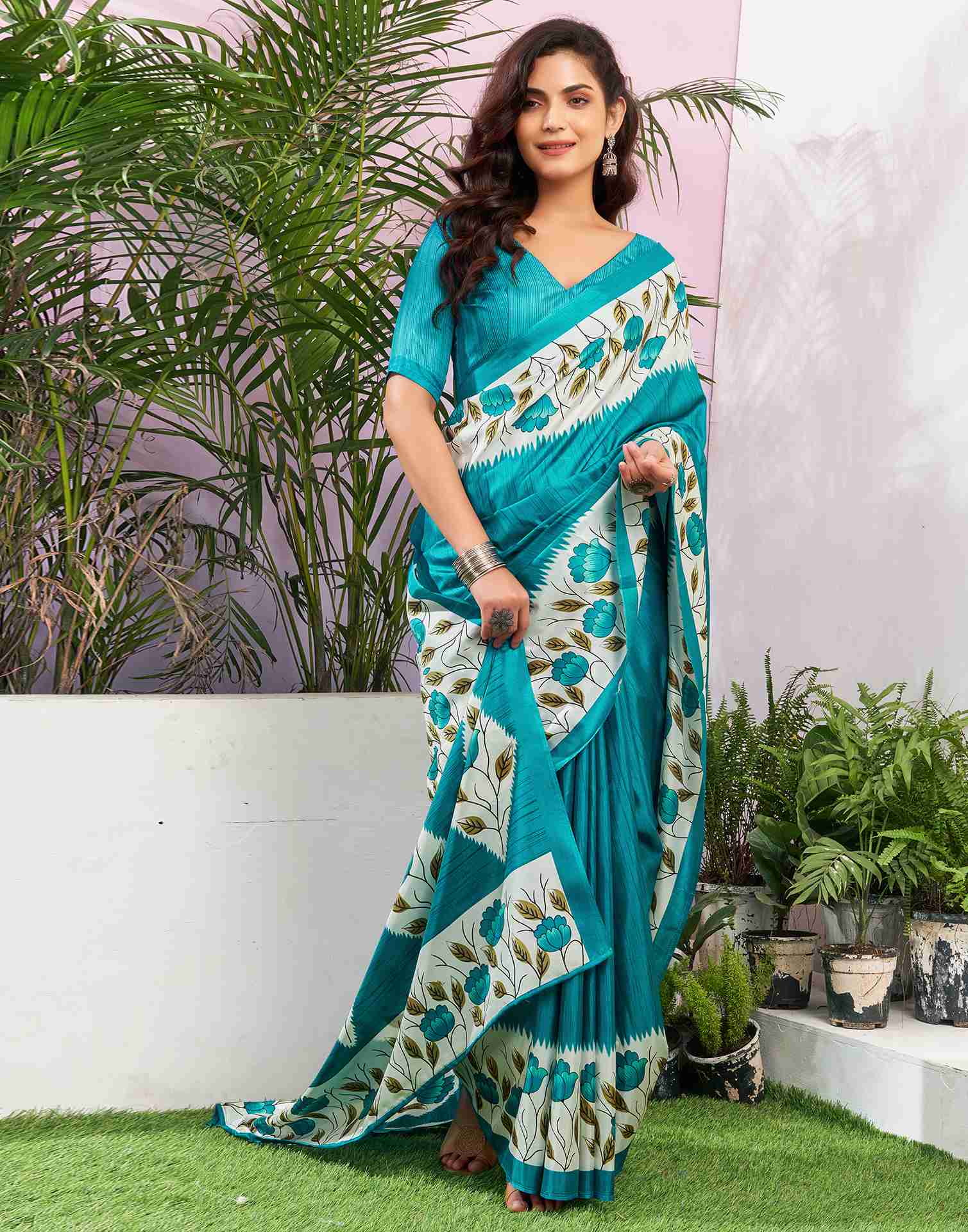 Teal Blue Silk Printed Saree