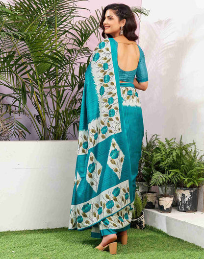 Teal Blue Silk Printed Saree