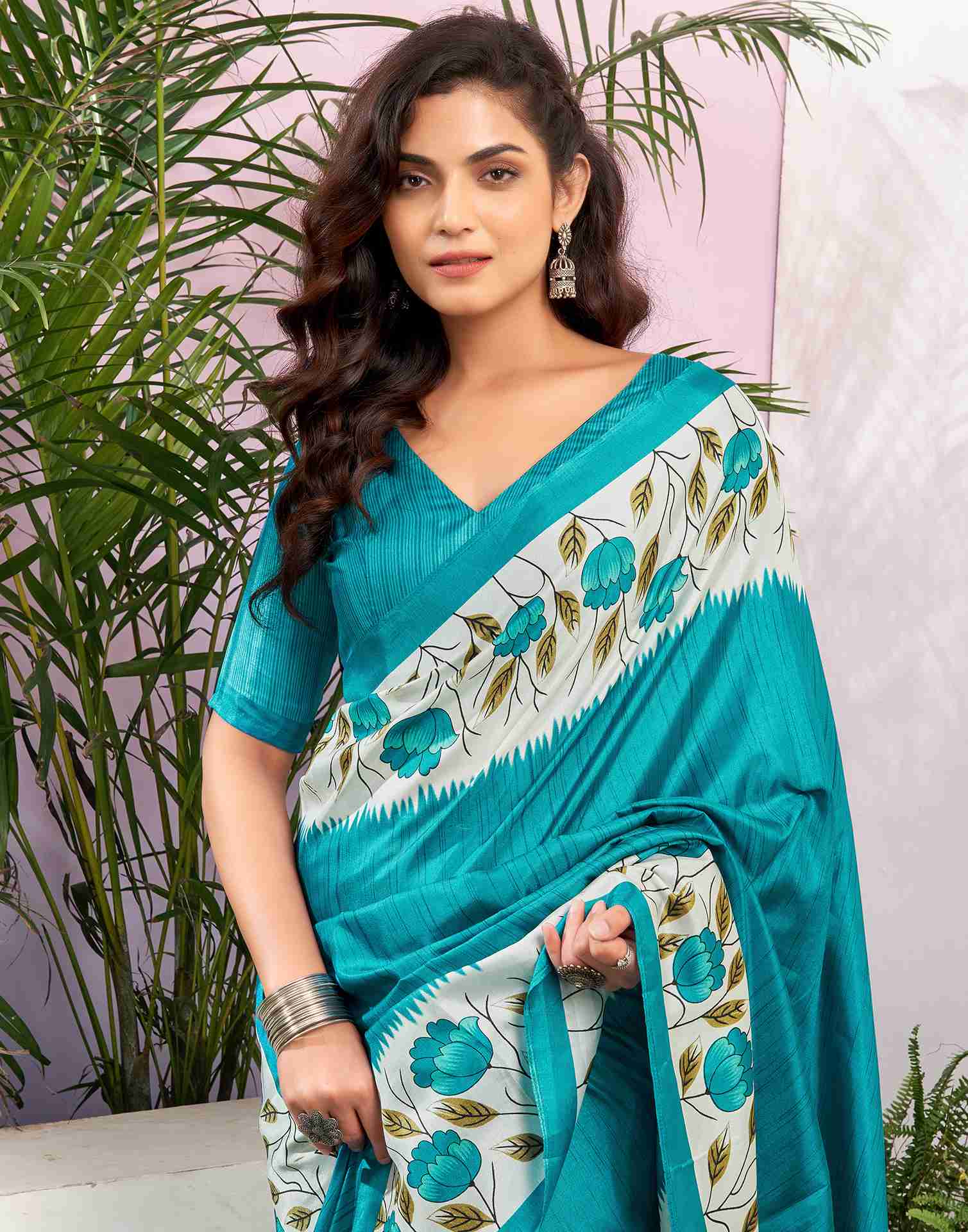 Teal Blue Silk Printed Saree