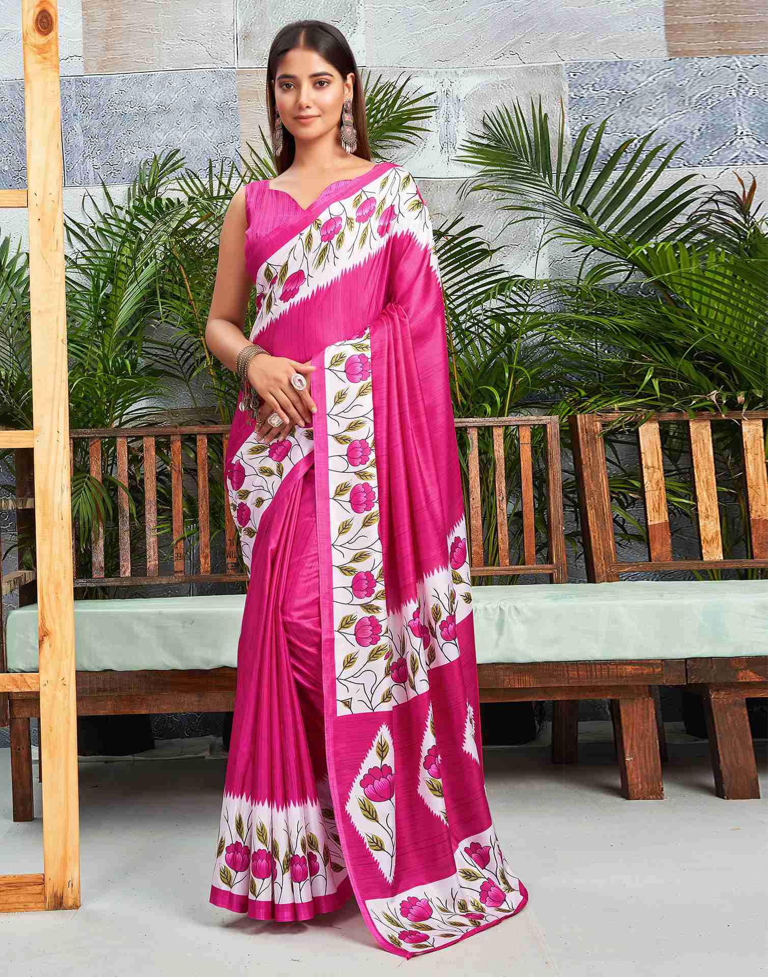 Rani Pink Silk Printed Saree