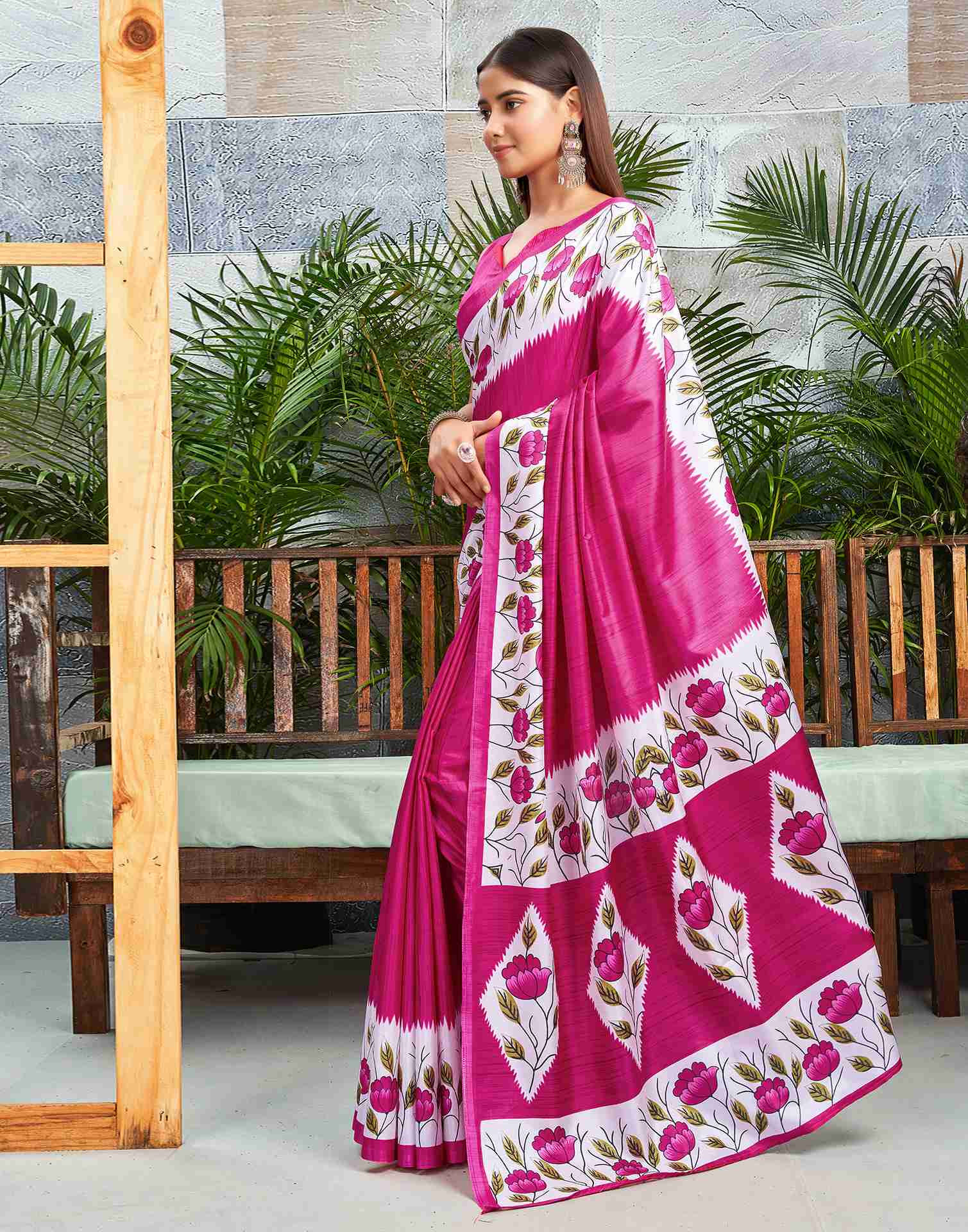 Rani Pink Silk Printed Saree