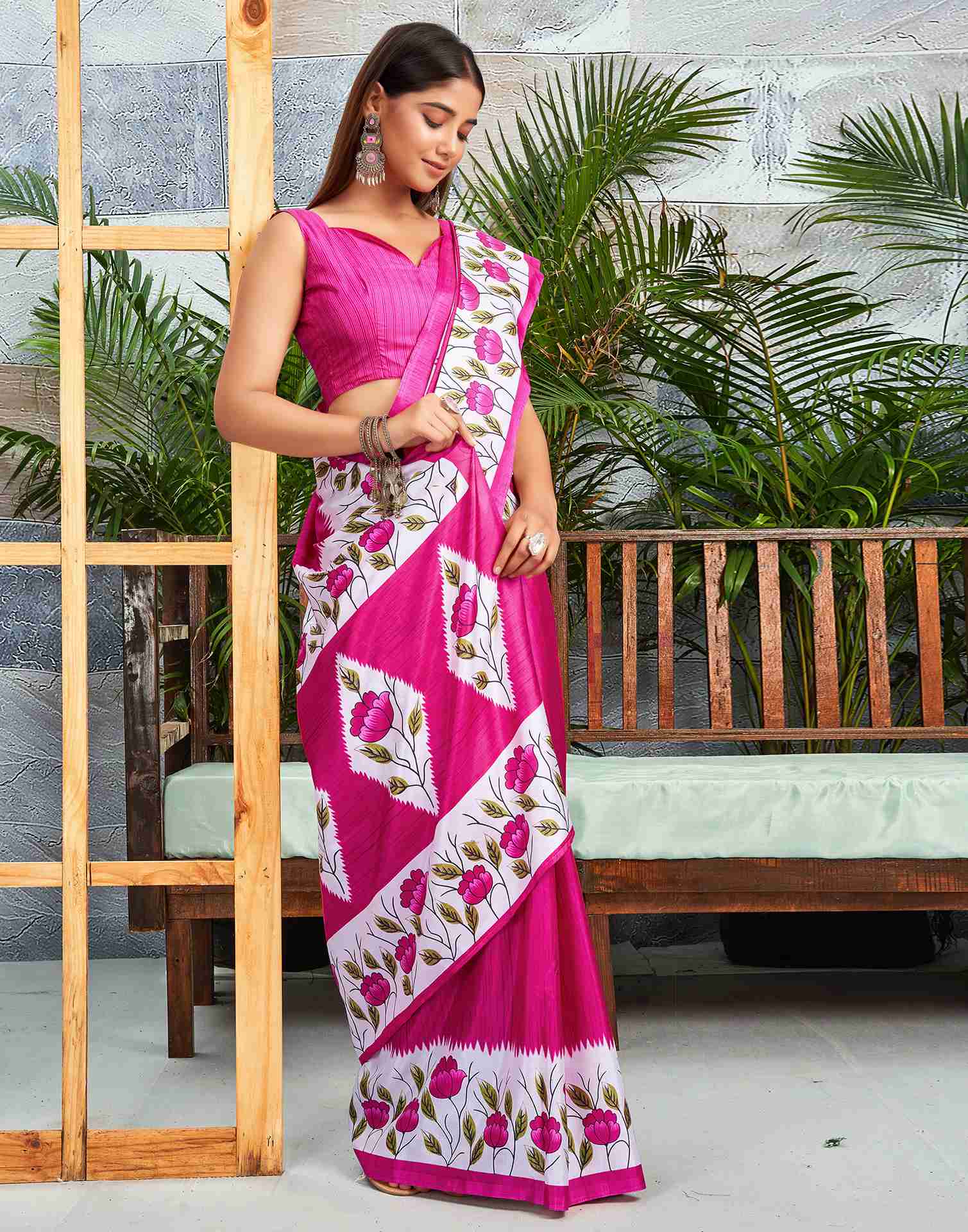 Rani Pink Silk Printed Saree