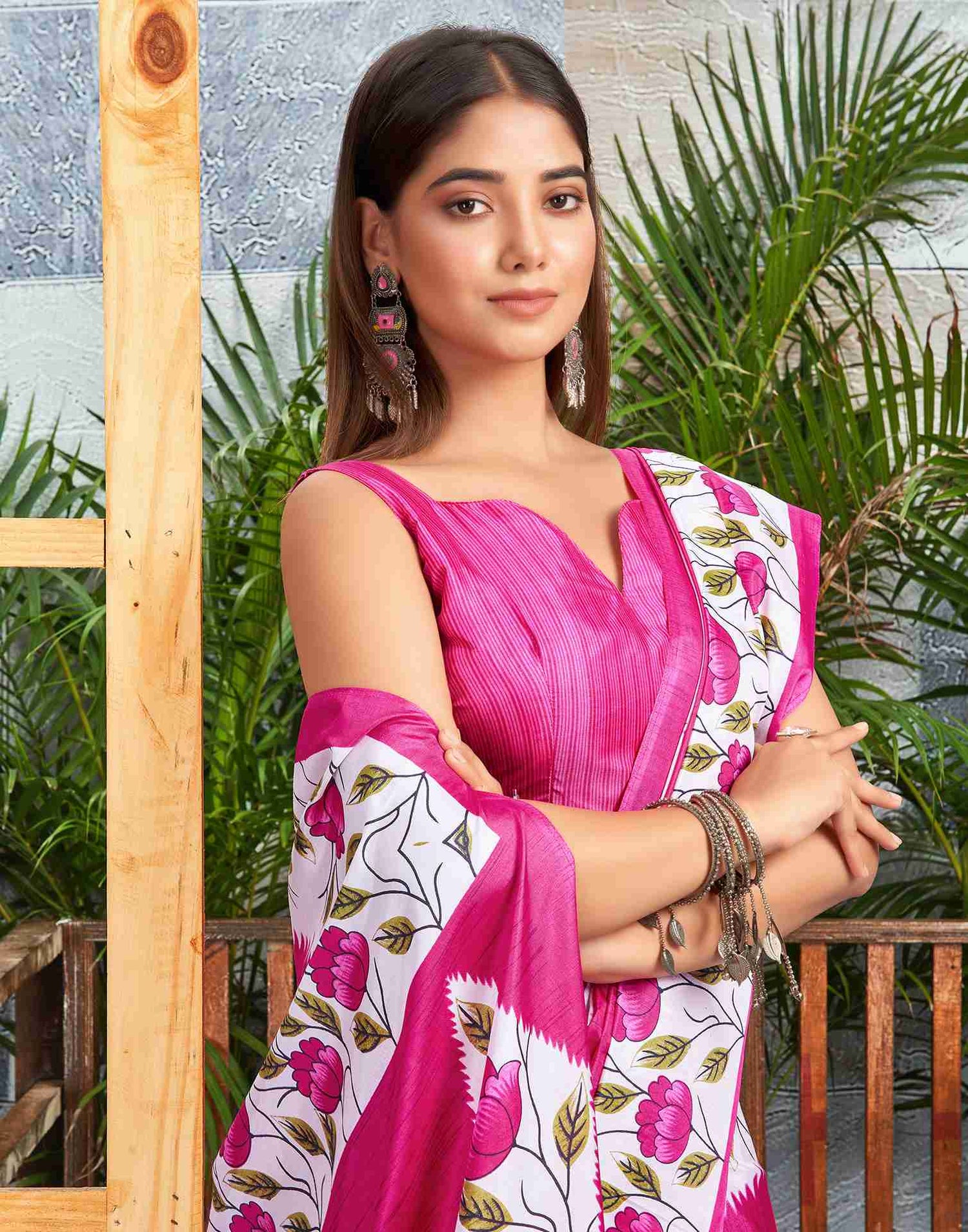 Rani Pink Silk Printed Saree