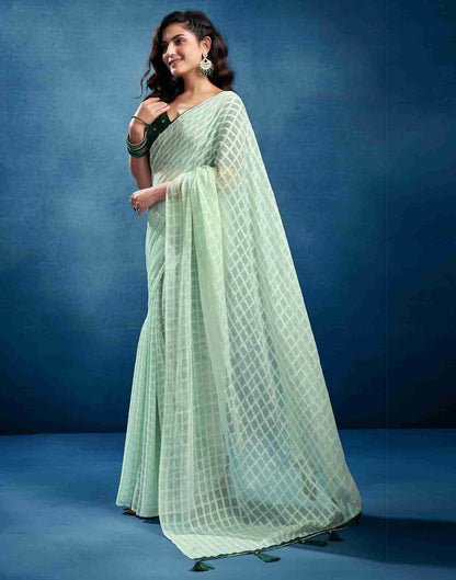 Light Pista Green Chiffon Plain Checkered Saree