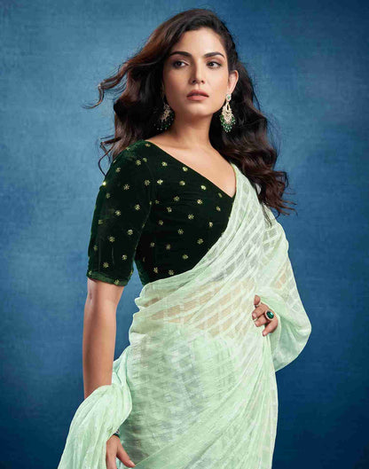 Light Pista Green Chiffon Plain Checkered Saree