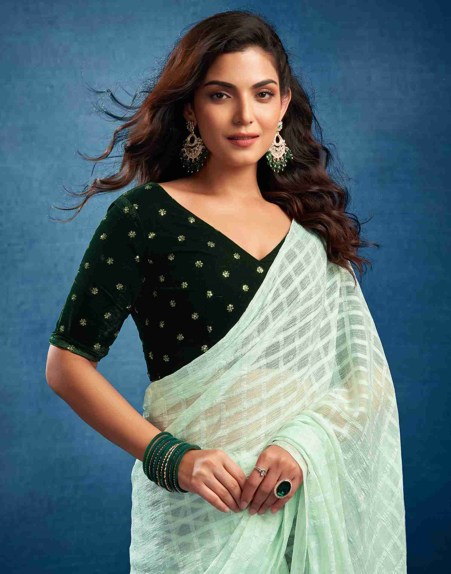 Light Pista Green Chiffon Plain Checkered Saree