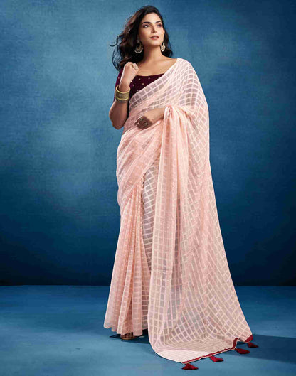 Light Peach Chiffon Plain Checkered Saree