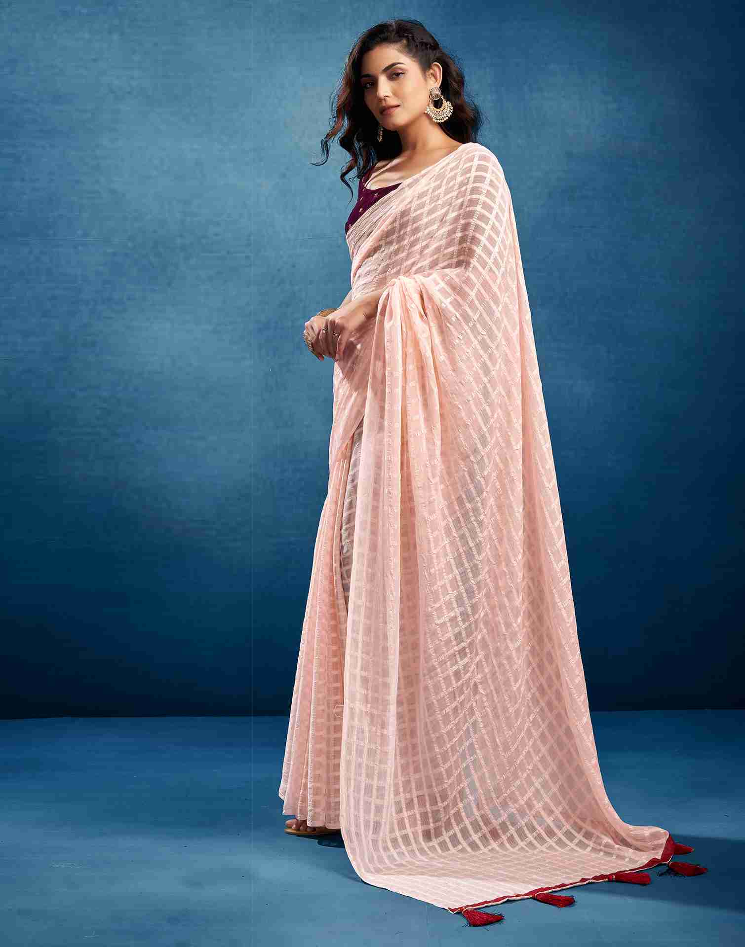 Light Peach Chiffon Plain Checkered Saree