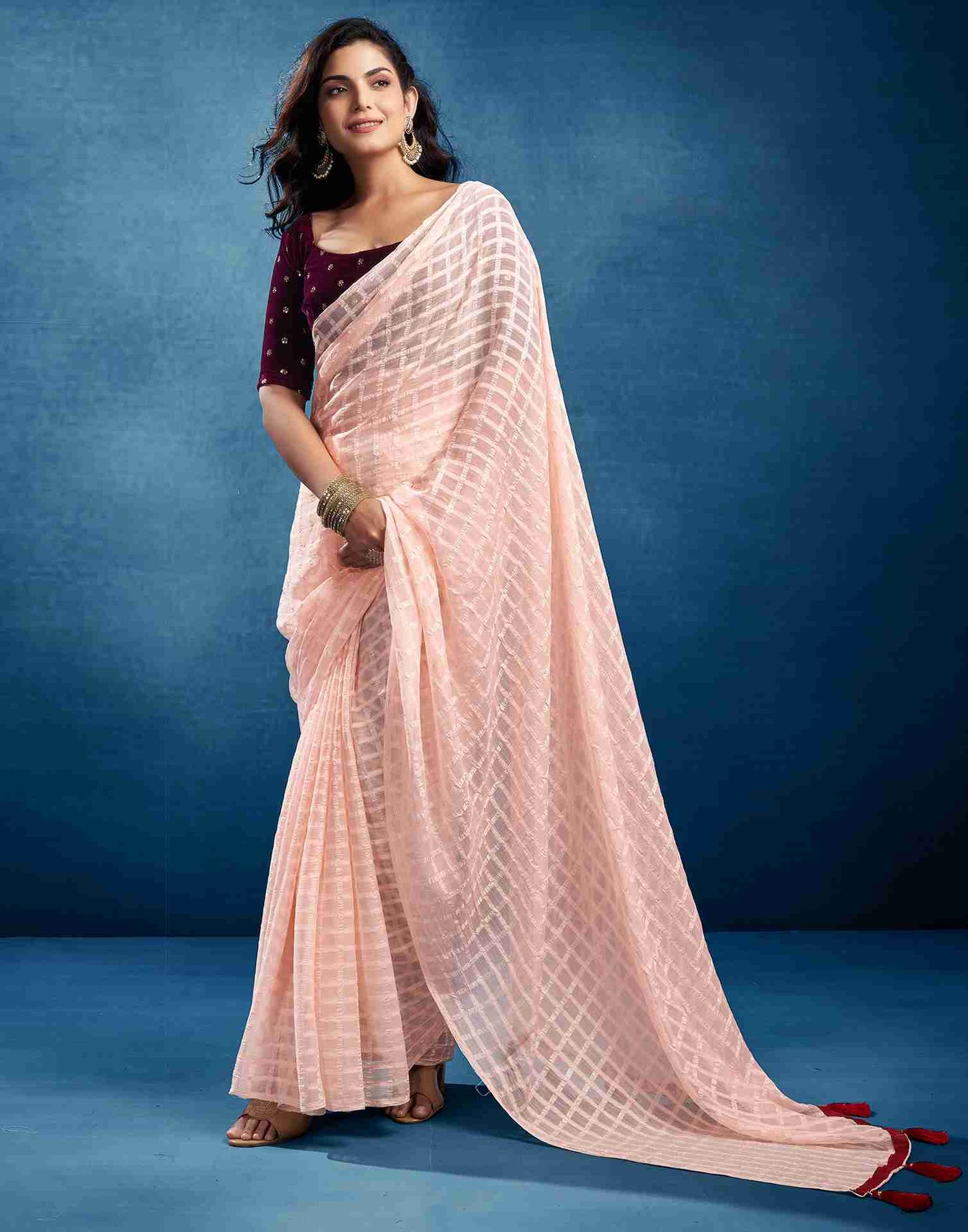 Light Peach Chiffon Plain Checkered Saree