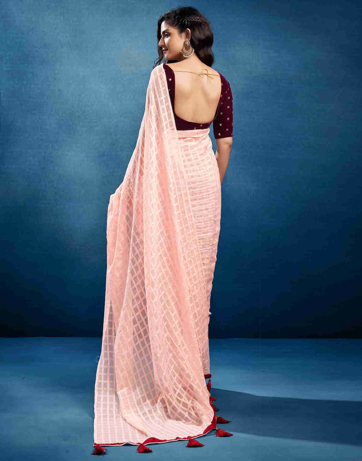 Light Peach Chiffon Plain Checkered Saree