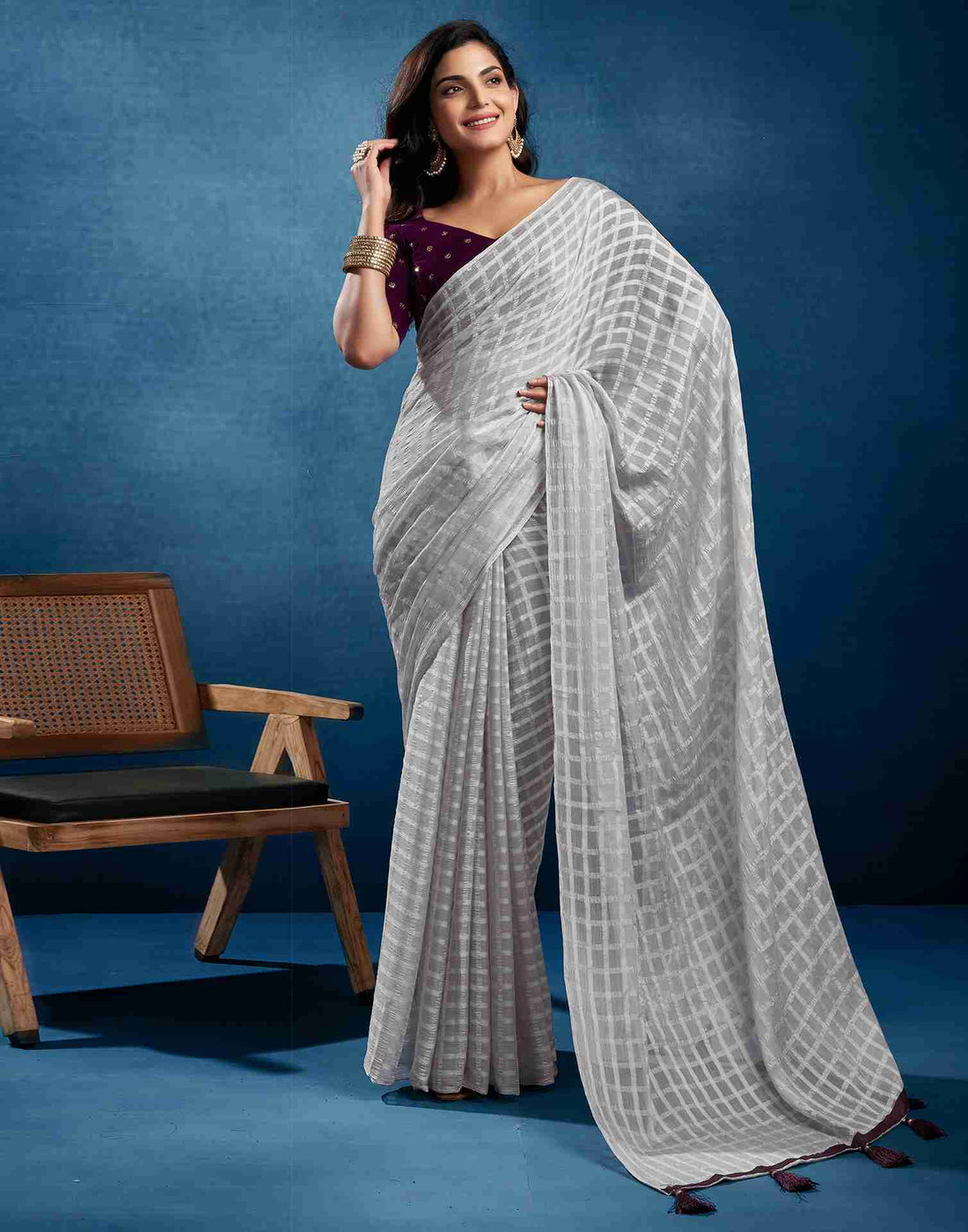 Grey Chiffon Plain Checkered Saree