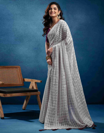 Grey Chiffon Plain Checkered Saree