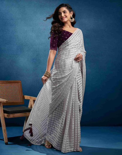 Grey Chiffon Plain Checkered Saree