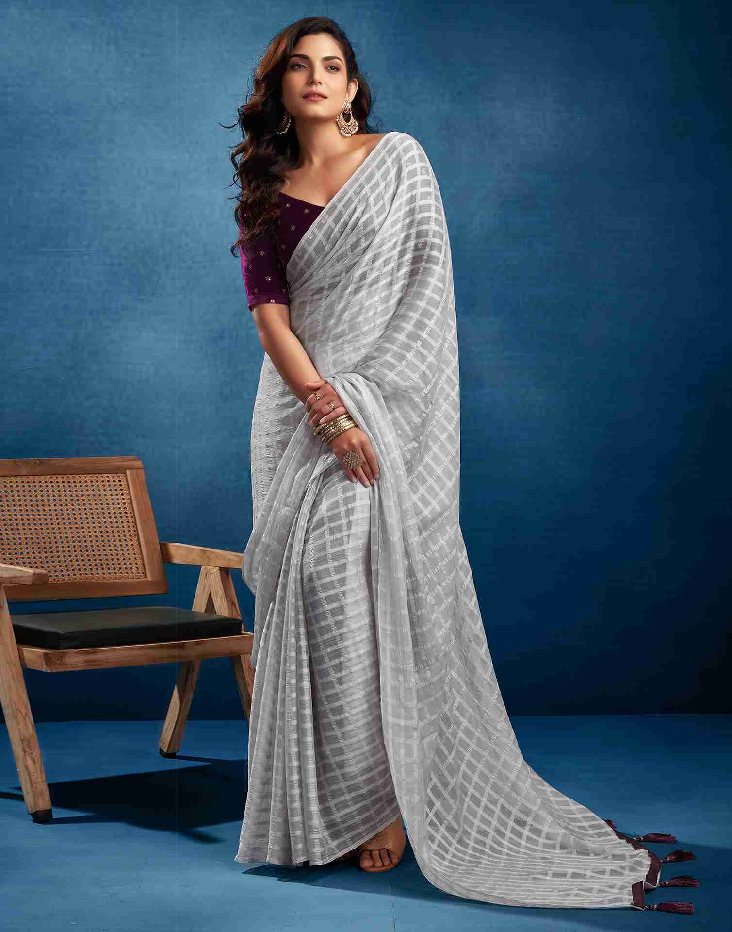 Grey Chiffon Plain Checkered Saree