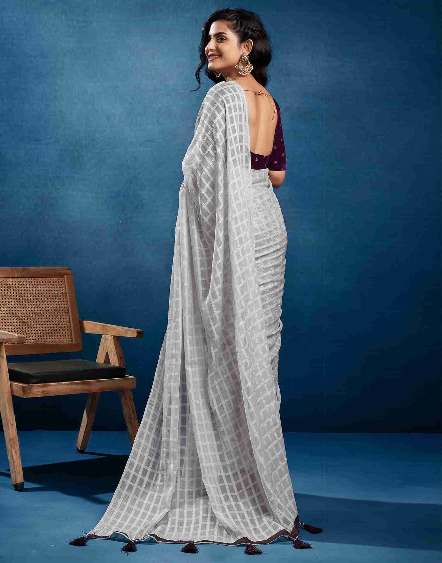 Grey Chiffon Plain Checkered Saree