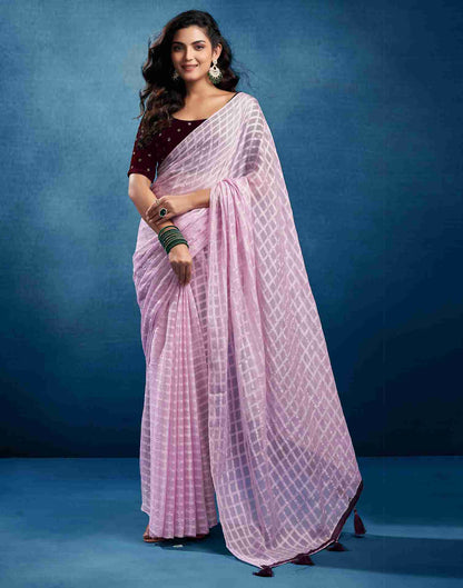 Light Purple Chiffon Plain Checkered Saree