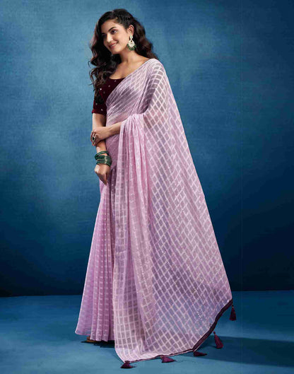 Light Purple Chiffon Plain Checkered Saree