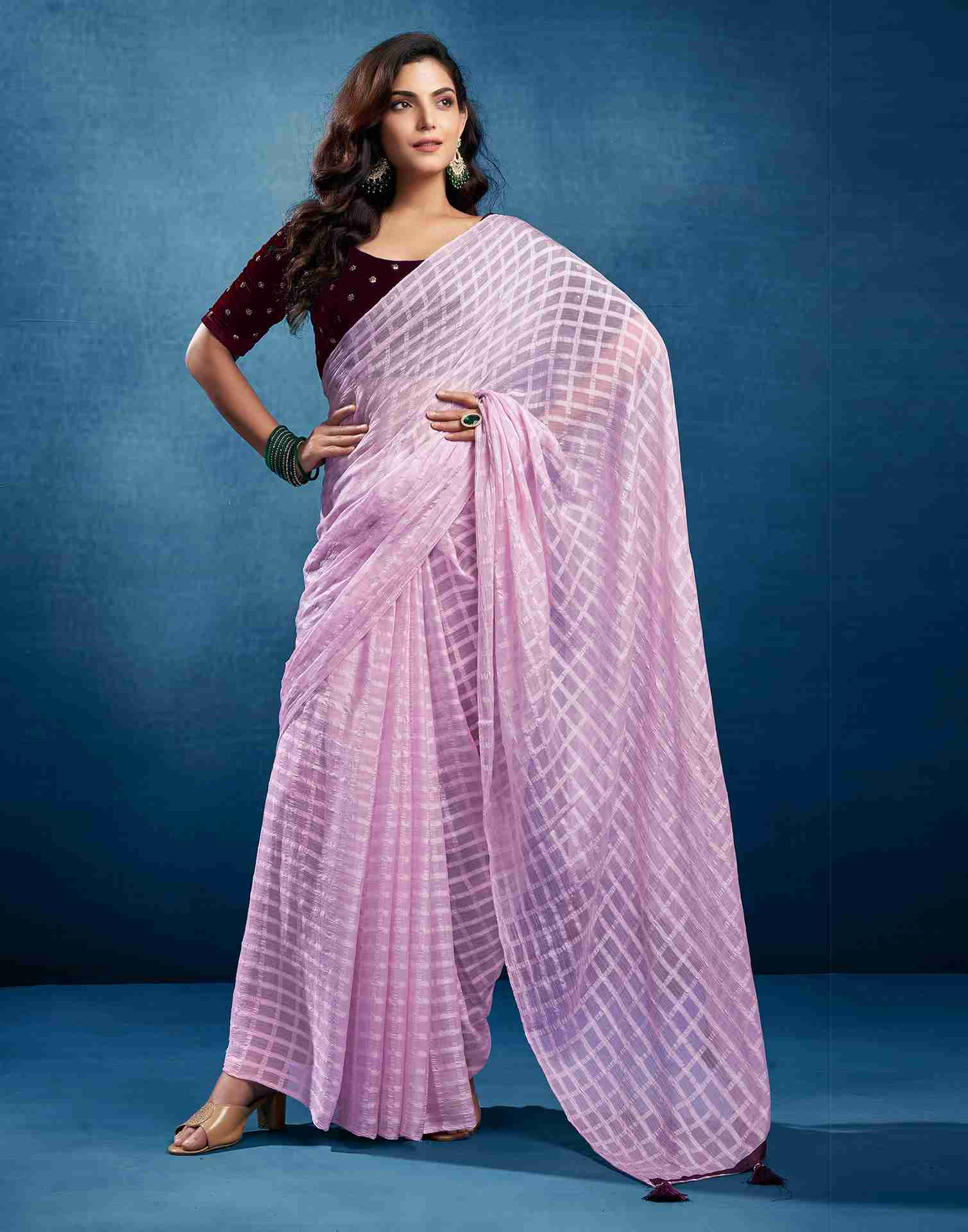 Light Purple Chiffon Plain Checkered Saree