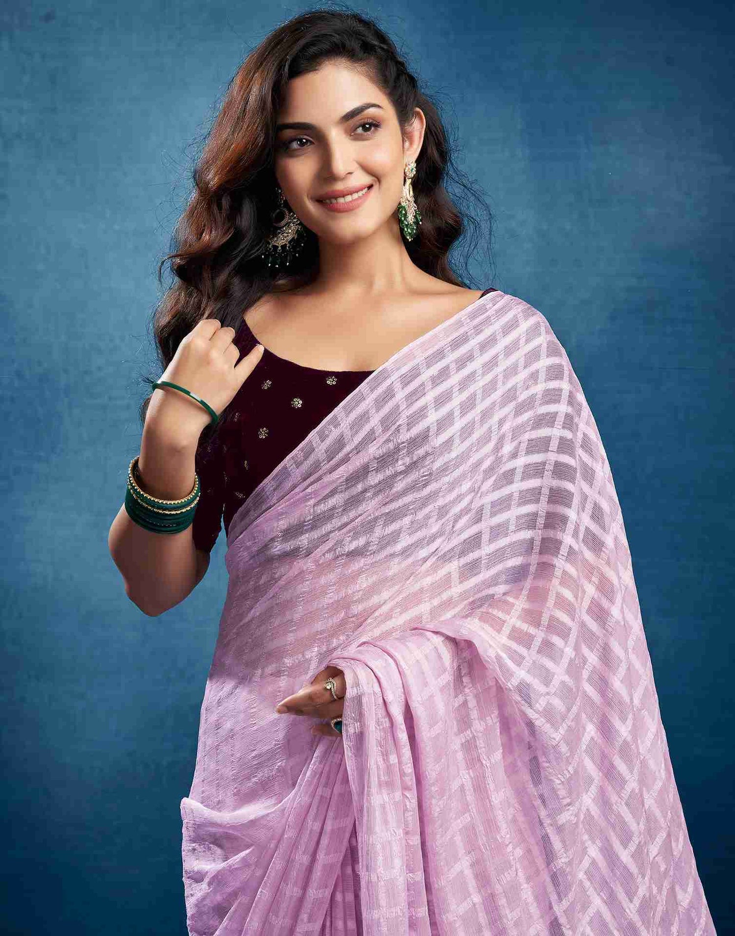 Light Purple Chiffon Plain Checkered Saree