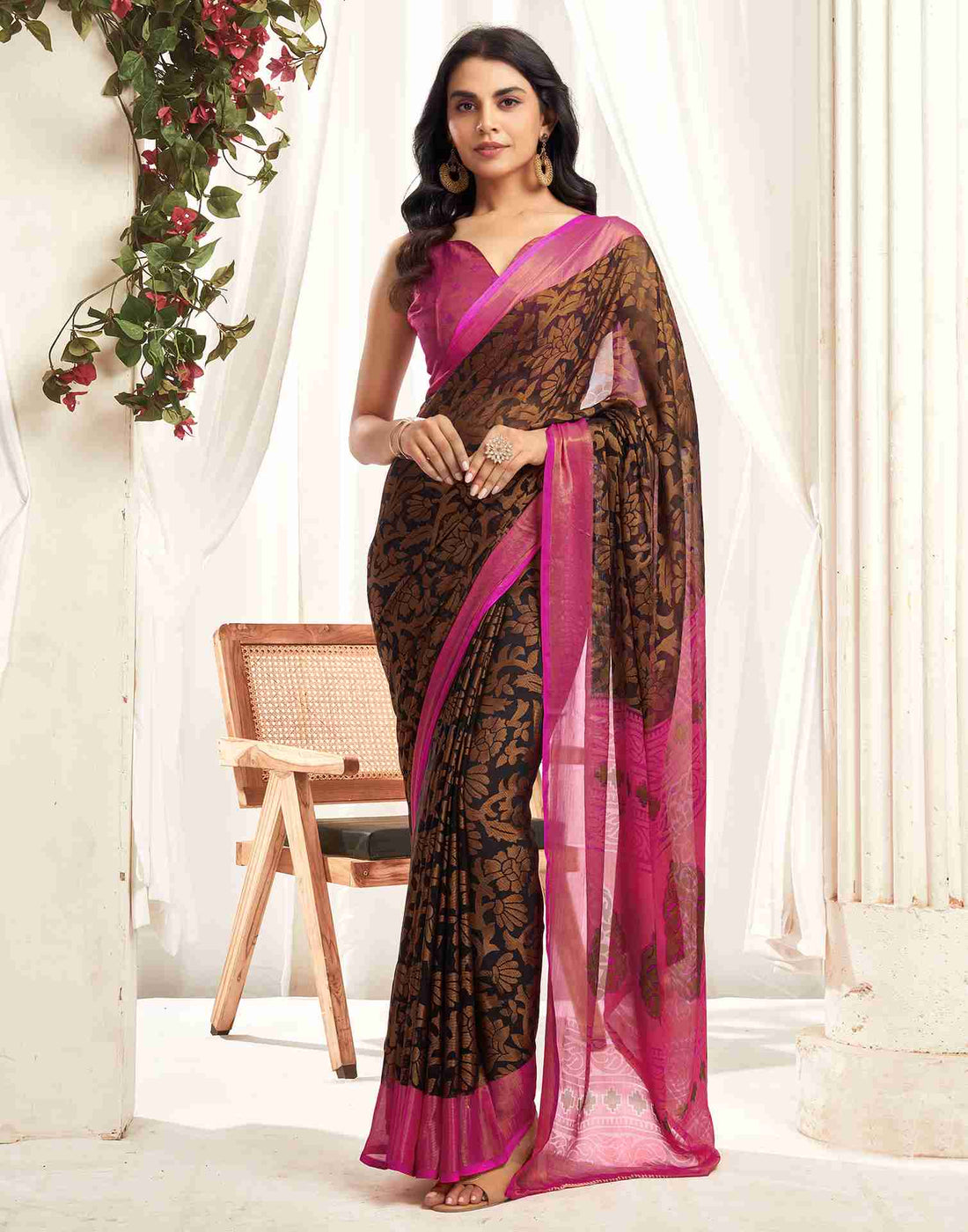 Magenta Chiffon Woven Printed Saree