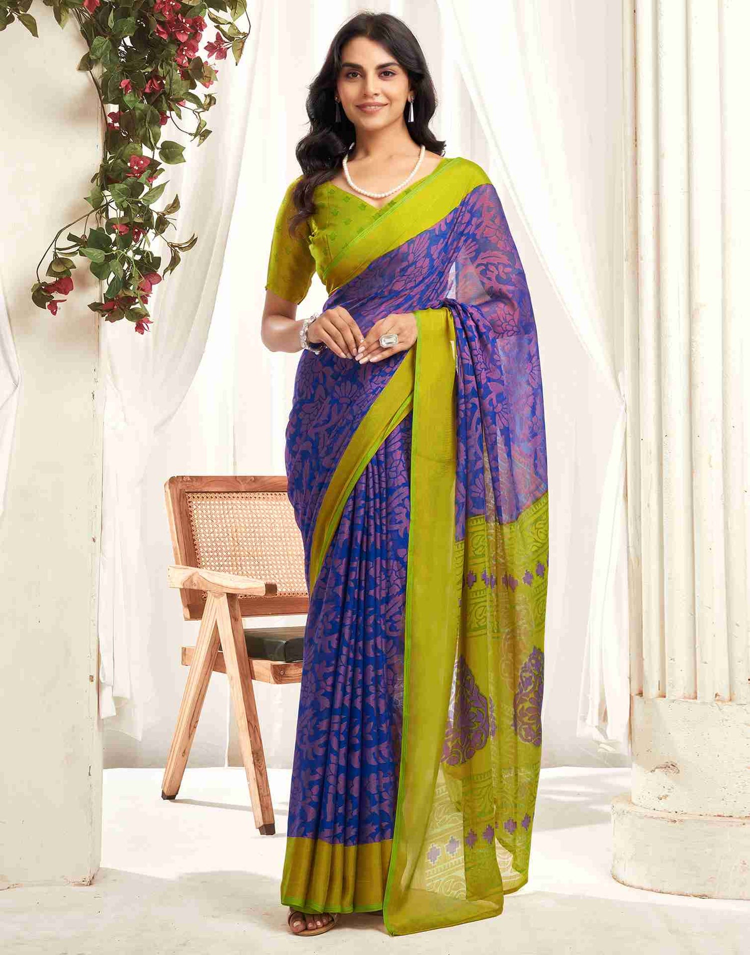 Lime Green Chiffon Woven Printed Saree