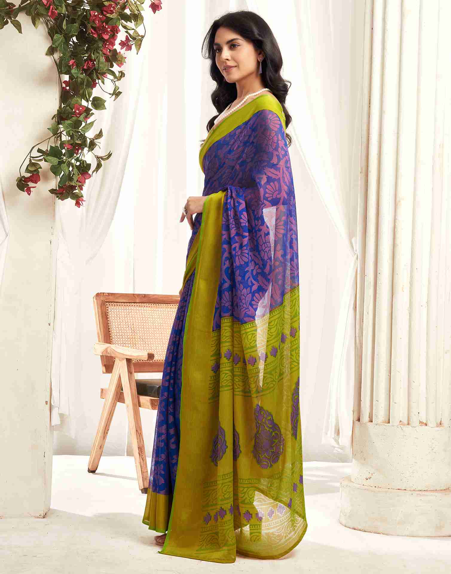 Lime Green Chiffon Woven Printed Saree