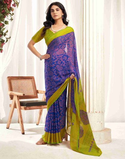 Lime Green Chiffon Woven Printed Saree