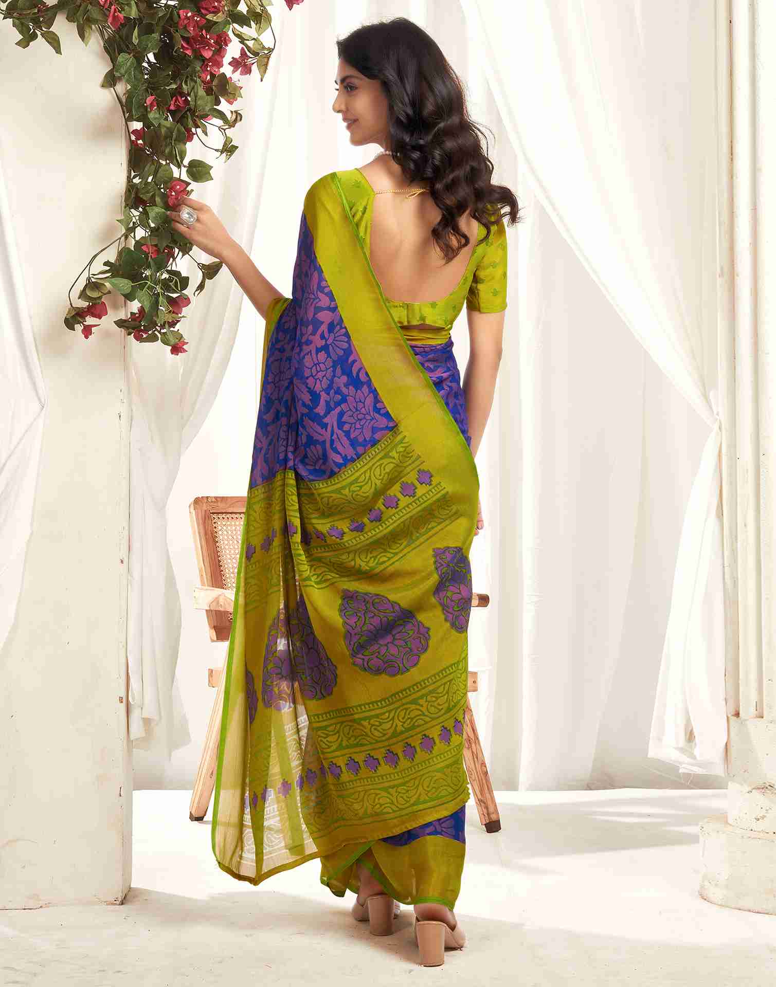 Lime Green Chiffon Woven Printed Saree