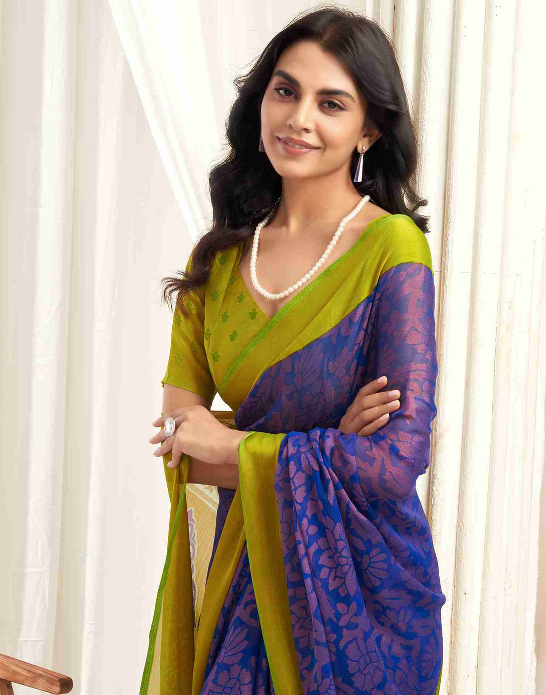 Lime Green Chiffon Woven Printed Saree